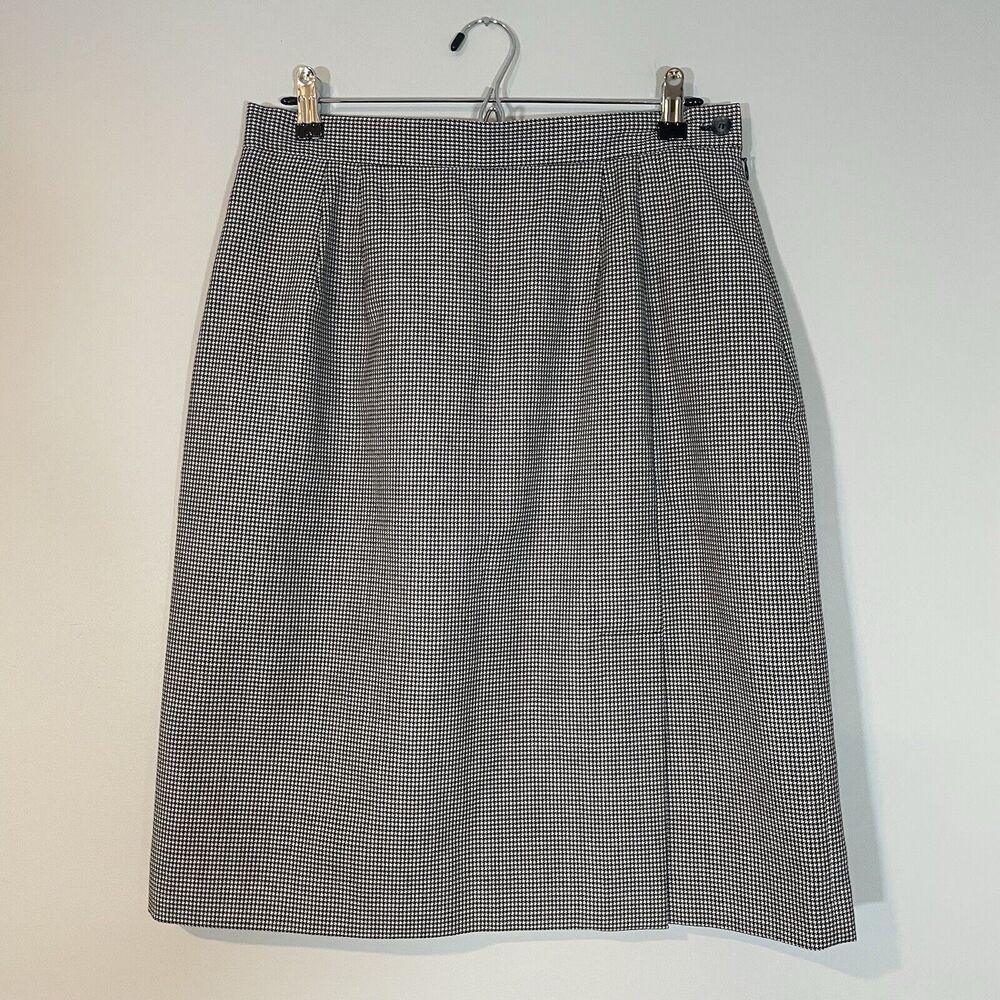 Harve Benard Houndstooth Lined Wool Knee Length Skirt Size 12 Front & Back Slit